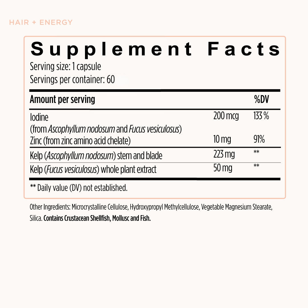 Hair Growth Vitamins for Women. Hair + Energy with Kelp Iodine and Zinc. Supports Thickness, Strength, Energy. Nutritionist-Formulated