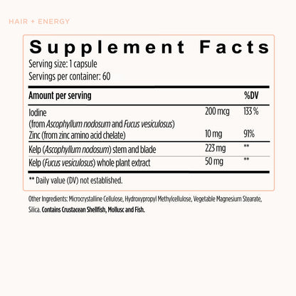 Hair Growth Vitamins for Women. Hair + Energy with Kelp Iodine and Zinc. Supports Thickness, Strength, Energy. Nutritionist-Formulated